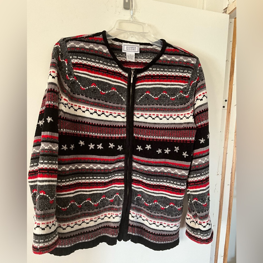 Jennifer Moore Full Zip Up Cardigan Sweater Med Red Black Gray White